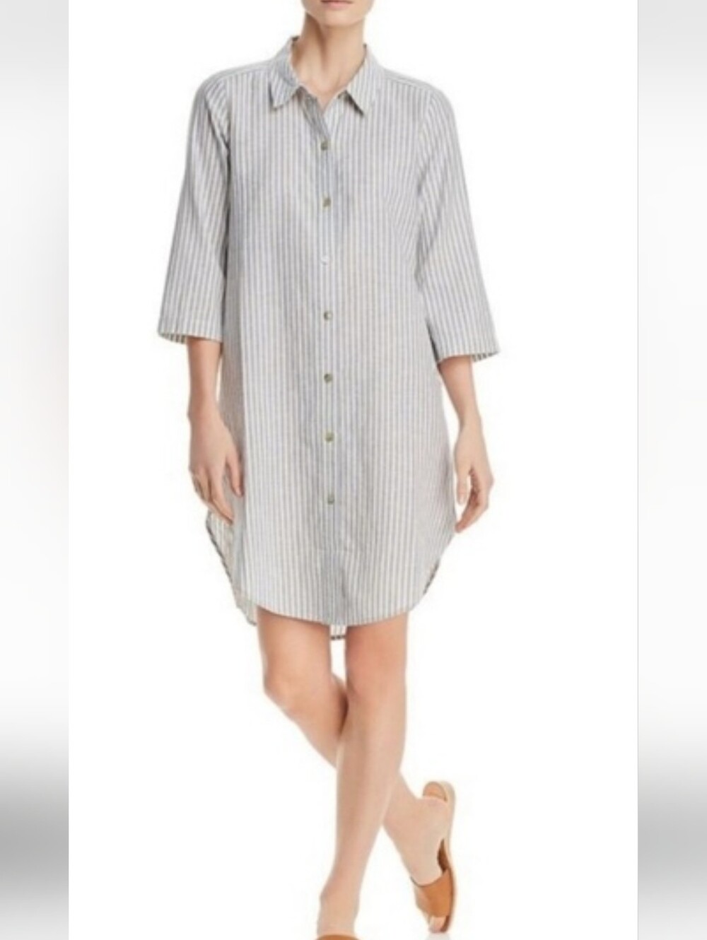 Eileen Fisher NWT Chambray Hemp Organic Cotton Striped Shirt Dress L